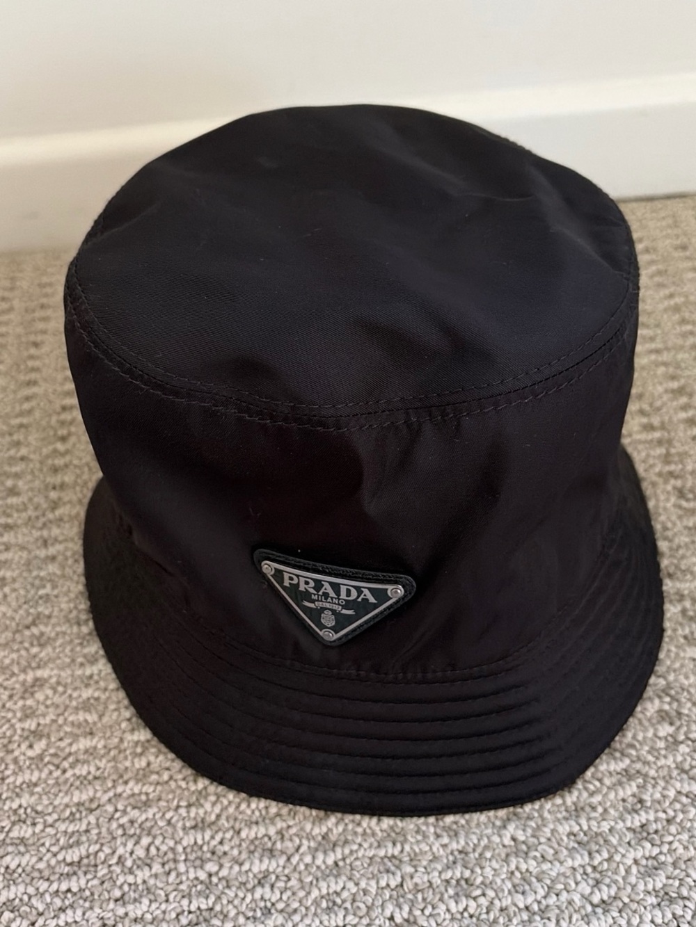 Prada Black Nylon Triangle Logo Bucket Hat